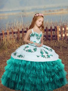 Teal Organza Lace Up Straps Sleeveless Floor Length Pageant Dresses Embroidery and Ruffled Layers