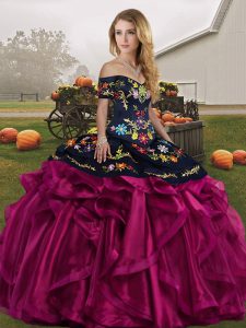Chic Fuchsia Ball Gowns Embroidery and Ruffles Quinceanera Gowns Lace Up Organza Sleeveless Floor Length