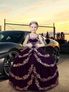 Dark Purple Satin Lace Up Straps Sleeveless Floor Length Little Girls Pageant Dress Embroidery