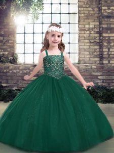 Luxurious Green Lace Up Straps Beading Pageant Gowns For Girls Tulle Sleeveless
