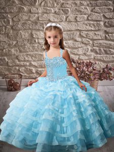 Best Baby Blue Straps Lace Up Beading and Ruffled Layers High School Pageant Dress Sleeveless