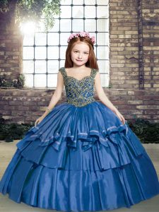 Customized Sleeveless Taffeta Floor Length Lace Up Kids Pageant Dress in Blue with Beading