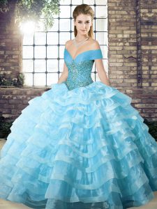 Off The Shoulder Sleeveless Brush Train Lace Up Quinceanera Gowns Aqua Blue Organza