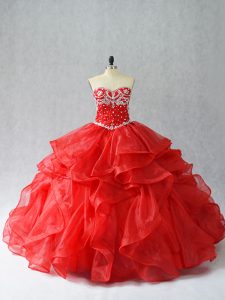 Glittering Floor Length Red Quinceanera Dresses Organza Sleeveless Beading and Ruffles