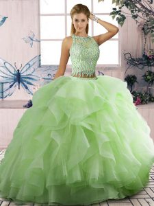 Yellow Green Tulle Lace Up Quinceanera Dresses Sleeveless Floor Length Beading and Ruffles