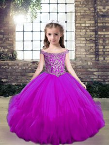 Captivating Off The Shoulder Sleeveless Lace Up Child Pageant Dress Fuchsia Tulle