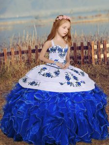 Beautiful Royal Blue Organza Lace Up Straps Sleeveless Floor Length Winning Pageant Gowns Embroidery and Ruffles