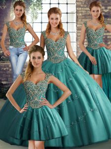 Custom Fit Teal Lace Up Quinceanera Dress Beading and Appliques Sleeveless Floor Length