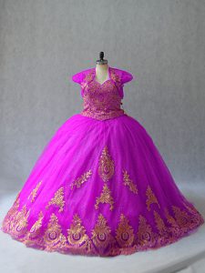 Fancy Fuchsia Sleeveless Beading and Appliques Lace Up Quinceanera Dresses