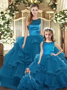 Fitting Teal Lace Up Scoop Ruffles Quince Ball Gowns Tulle Sleeveless