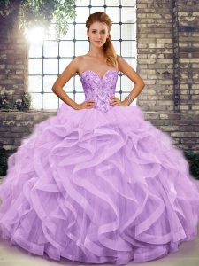 Lavender Ball Gowns Tulle Sweetheart Sleeveless Beading and Ruffles Floor Length Lace Up Vestidos de Quinceanera