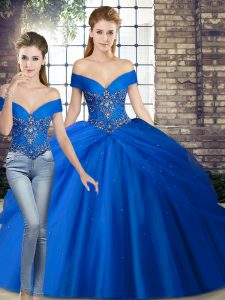 Royal Blue Sleeveless Tulle Brush Train Lace Up Sweet 16 Dress for Military Ball and Sweet 16 and Quinceanera