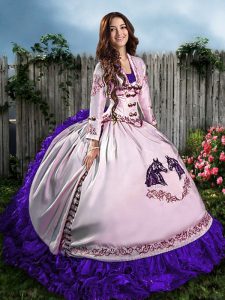 White And Purple Lace Up Sweetheart Embroidery and Ruffles Vestidos de Quinceanera Satin Sleeveless