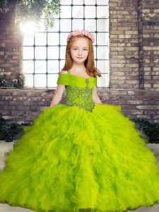 Affordable Straps Sleeveless Kids Formal Wear Floor Length Beading and Ruffles Tulle