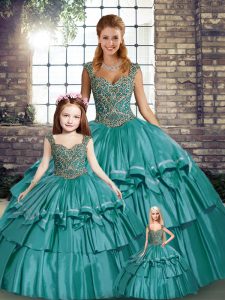 Perfect Teal Taffeta Lace Up Straps Sleeveless Floor Length Quinceanera Dresses Beading and Ruffled Layers