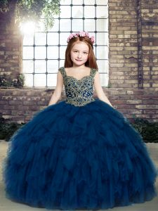 Navy Blue Ball Gowns Straps Sleeveless Beading and Ruffles Floor Length Lace Up Little Girls Pageant Dress