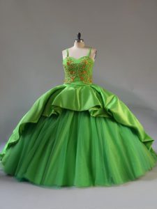 Lace Up 15 Quinceanera Dress Green for Sweet 16 and Quinceanera with Beading and Embroidery and Pick Ups Court Train