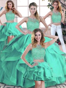 Glittering Scoop Sleeveless Quinceanera Gowns Floor Length Beading and Ruffles Turquoise Tulle