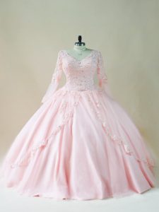 Enchanting Baby Pink Long Sleeves Floor Length Beading and Appliques Lace Up Sweet 16 Quinceanera Dress