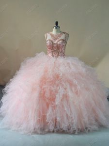 Captivating Pink Ball Gowns Tulle Scoop Sleeveless Beading and Ruffles Lace Up Sweet 16 Dresses Brush Train