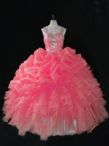Zipper Quince Ball Gowns Baby Pink for Sweet 16 and Quinceanera with Beading and Ruffles and Pick Ups
