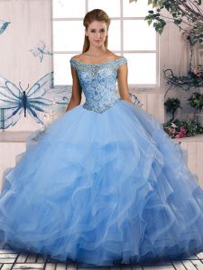 Floor Length Lace Up Sweet 16 Quinceanera Dress Blue for Sweet 16 and Quinceanera with Beading and Ruffles