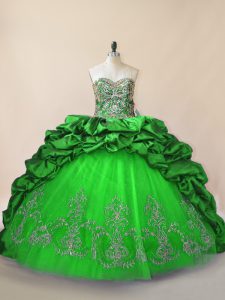 Green Sleeveless Taffeta and Tulle Brush Train Lace Up Sweet 16 Dress for Sweet 16 and Quinceanera