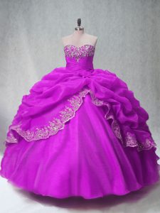 Floor Length Lace Up Quinceanera Gowns Fuchsia for Sweet 16 and Quinceanera with Beading and Appliques