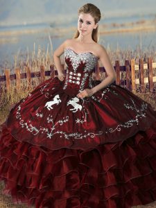 Colorful Burgundy Sweetheart Lace Up Embroidery and Ruffles Quinceanera Gowns Sleeveless