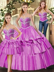 Chic Satin Sweetheart Sleeveless Lace Up Beading and Ruffled Layers Quince Ball Gowns in Lilac