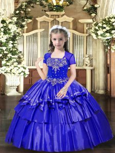Dramatic Blue Sleeveless Beading and Ruffled Layers Floor Length Little Girl Pageant Gowns