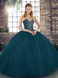Elegant Teal Ball Gowns Sweetheart Sleeveless Tulle Floor Length Lace Up Beading 15 Quinceanera Dress