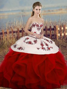 Luxury White And Red Sweetheart Lace Up Embroidery and Ruffles and Bowknot Quinceanera Gowns Sleeveless