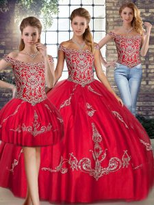 Floor Length Three Pieces Sleeveless Red Ball Gown Prom Dress Lace Up