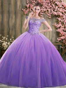 Modern Lavender Ball Gowns Beading Quinceanera Gown Lace Up Tulle Sleeveless Floor Length