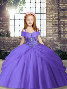 Spaghetti Straps Sleeveless Lace Up Pageant Gowns For Girls Lavender Tulle