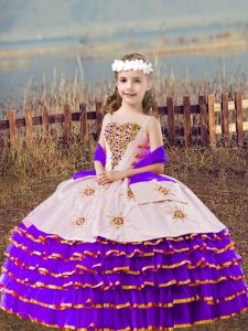 Latest Floor Length Lavender Little Girl Pageant Dress Organza Sleeveless Beading and Embroidery and Ruffled Layers