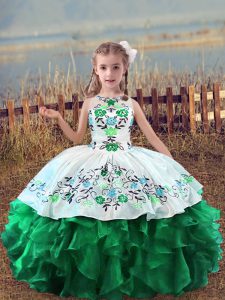 Wonderful Green Scoop Lace Up Embroidery and Ruffles Little Girl Pageant Dress Sleeveless