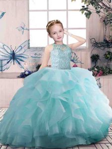 Sleeveless Organza Floor Length Zipper Pageant Gowns For Girls in Aqua Blue with Beading and Ruffles