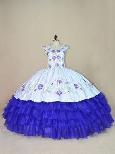 Popular V-neck Cap Sleeves Lace Up Quince Ball Gowns White And Purple Satin and Organza