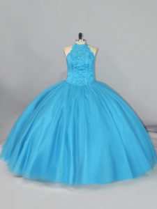 Fine Beading and Lace Quinceanera Gowns Aqua Blue Lace Up Sleeveless Brush Train