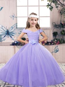 Perfect Lavender Off The Shoulder Lace Up Lace and Belt Pageant Dress Toddler Sleeveless