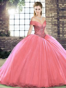 Inexpensive Organza Sleeveless Ball Gown Prom Dress Brush Train and Beading
