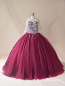 Custom Made Burgundy Tulle Lace Up Scoop Long Sleeves Quinceanera Dresses Brush Train Beading