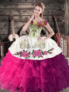 Glittering Fuchsia Off The Shoulder Neckline Embroidery and Ruffles Sweet 16 Dresses Sleeveless Lace Up