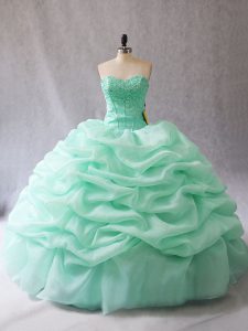 Sweetheart Sleeveless Quinceanera Gowns Floor Length Beading and Pick Ups Apple Green Organza