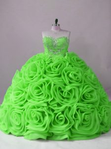 Sexy Fabric With Rolling Flowers Lace Up Quinceanera Dress Sleeveless Brush Train Beading