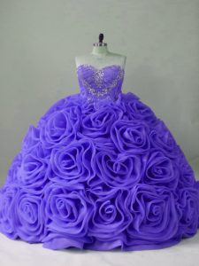 Nice Sweetheart Sleeveless Fabric With Rolling Flowers Quinceanera Dress Beading Brush Train Lace Up
