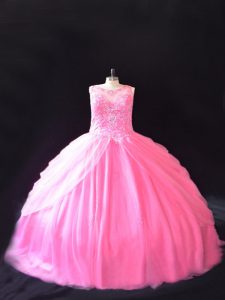 Rose Pink Lace Up 15th Birthday Dress Beading Sleeveless Court Train