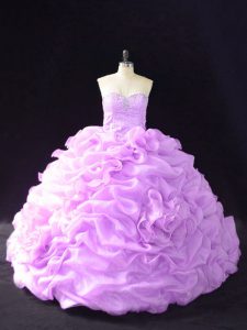 Lilac Sweetheart Lace Up Beading and Pick Ups and Hand Made Flower Sweet 16 Dresses Court Train Sleeveless